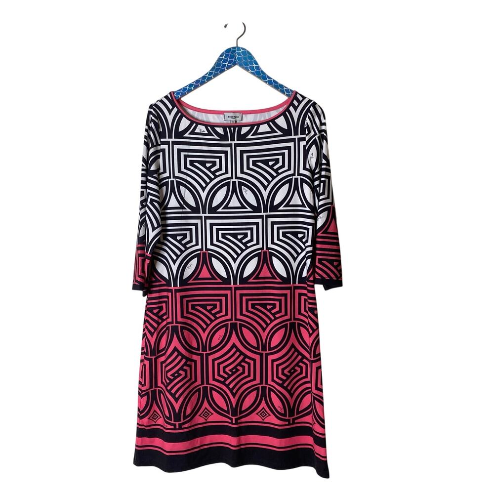 EMILIO PUCCI Vintage Silk Jersey Pattern Signature Print 3/4 Sleeve Shift Dress